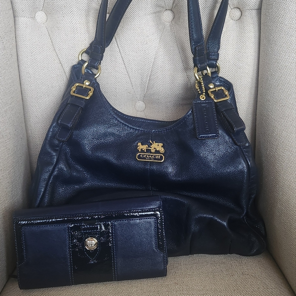 Coach Navy Leather Handbag and Wallet Set